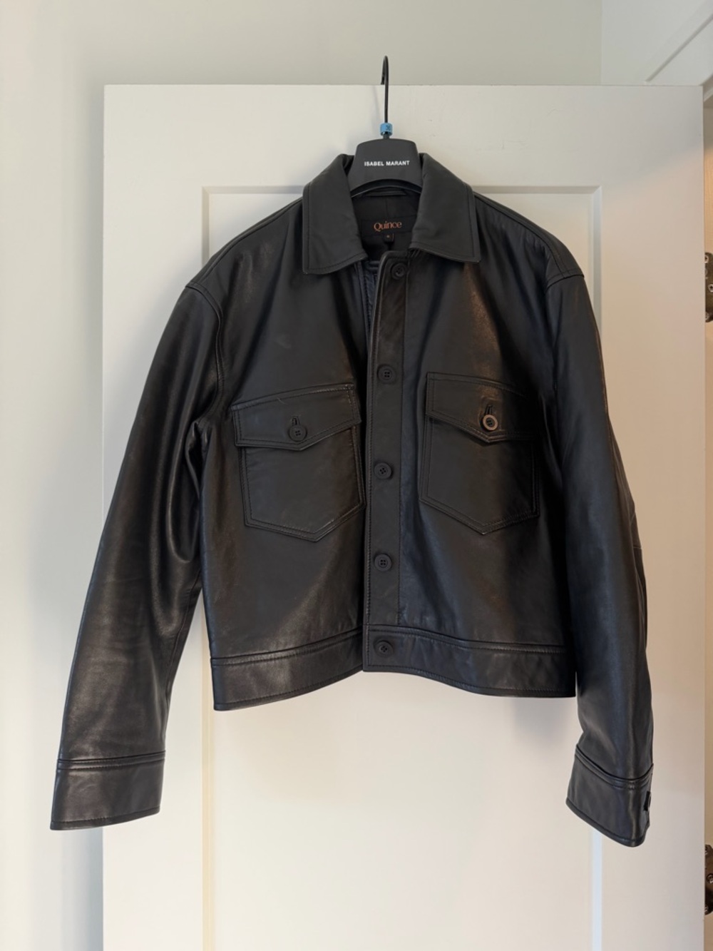 Quince Black Leather Bomber-Style Button Jacket